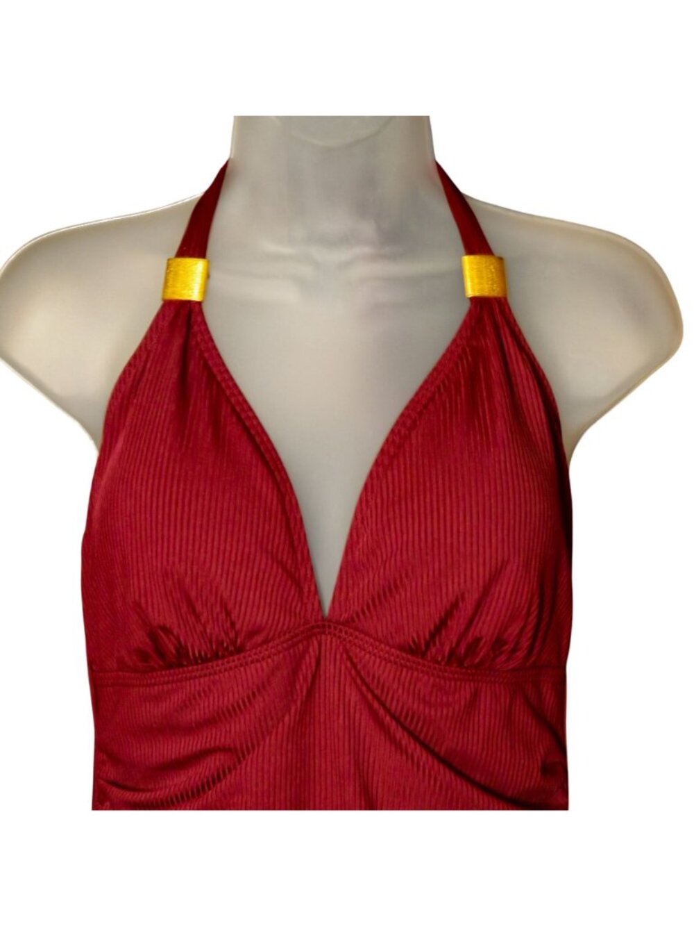 Burgundy One Piece Swimsuit XL Halter Gold Accents Ruched Tummy Control Lined - Picture 2 of 9